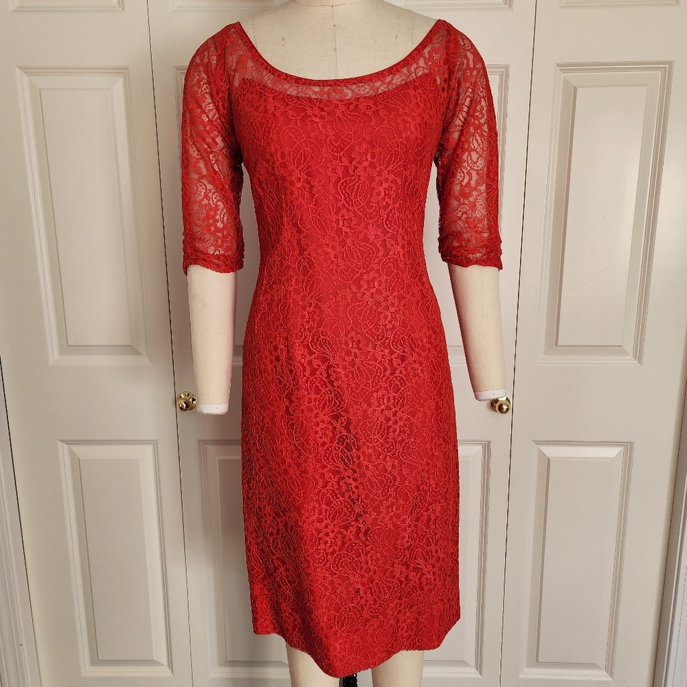 Vintage Lilli Diamond of California True Red Lace Cocktail Dress S/M